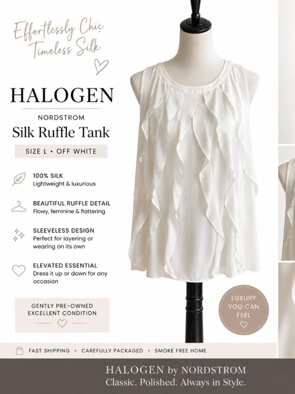 Sleeveless 100% Silk Halogen Nordstrom Ruffle Tank